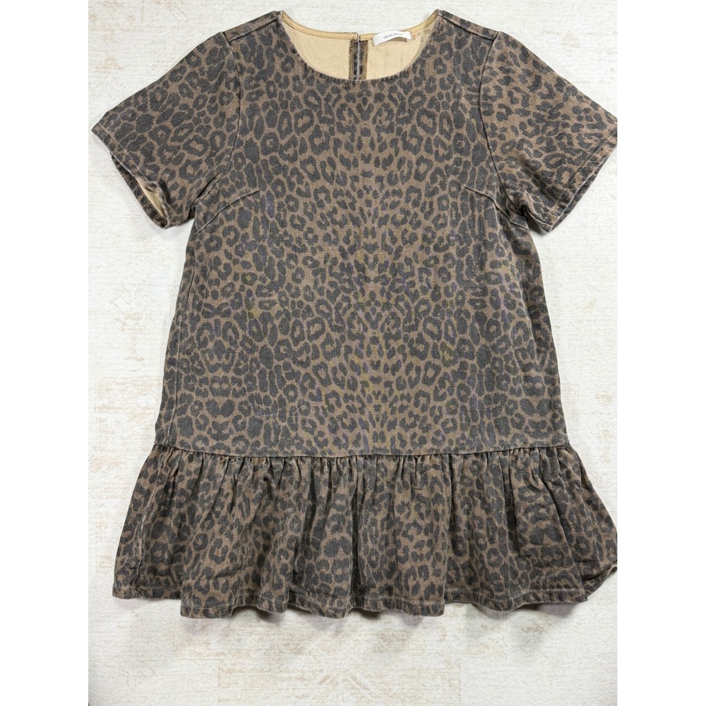 Idem Ditto Leopard Print Babydoll Dress Brown Animal Ruffle Hem Short Sleeve M